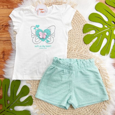 Conj. Blusa Soft as my Heart e Short com Brilhinhos - Verde Água e Off White